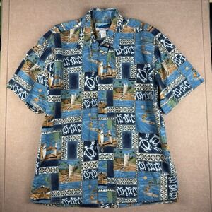 Vintage Hawaiian Shirt XL Blue Surf Hula Turtle Aloha Cotton‎ Made in Hawaii USA